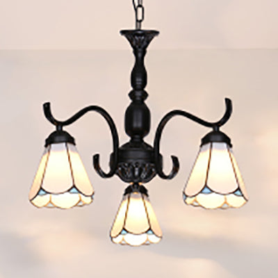 Country Style Scalloped Shade Pendant Stained Glass 3 Lights Chandelier Light for Living Room White Clearhalo 'Ceiling Lights' 'Chandeliers' 'Industrial' 'Middle Century Chandeliers' 'Tiffany Chandeliers' 'Tiffany close to ceiling' 'Tiffany' Lighting' 63940