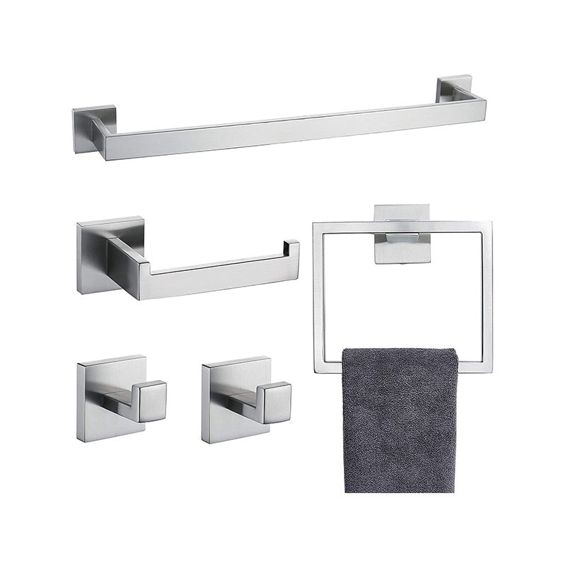 Stainless Steel Bathroom Accessory as Individual or as a Set Modern Bathroom Hardware Silver 5 Piece Set Clearhalo 'Bathroom Hardware Sets' 'Bathroom Hardware' 'Bathroom Remodel & Bathroom Fixtures' 'bathroom_hardware_sets' 'Home Improvement' 'home_improvement' 'home_improvement_bathroom_hardware_sets' 6394220
