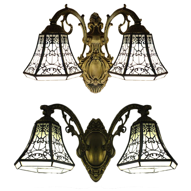 Lodge Bell Wall Sconce Light with Fence Design Stained Glass 2 Lights Wall Lighting with Curved Arm Clearhalo 'Industrial' 'Middle century wall lights' 'Tiffany wall lights' 'Tiffany' 'Wall Lamps & Sconces' 'Wall Lights' Lighting' 63949
