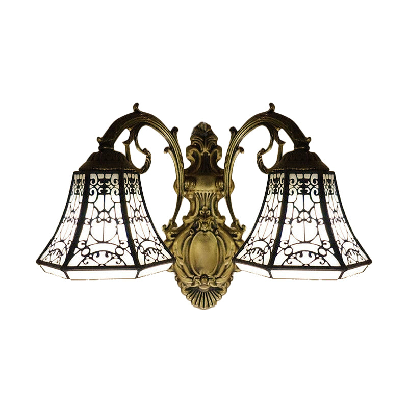 Lodge Bell Wall Sconce Light with Fence Design Stained Glass 2 Lights Wall Lighting with Curved Arm Clearhalo 'Industrial' 'Middle century wall lights' 'Tiffany wall lights' 'Tiffany' 'Wall Lamps & Sconces' 'Wall Lights' Lighting' 63950