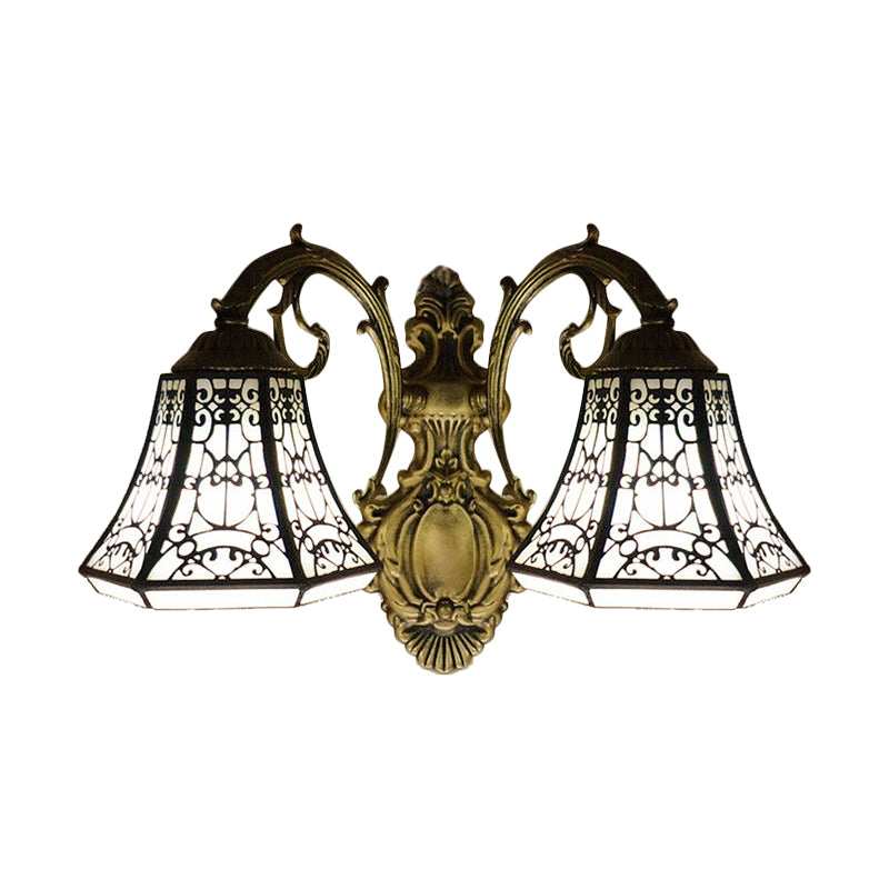 Lodge Bell Wall Sconce Light with Fence Design Stained Glass 2 Lights Wall Lighting with Curved Arm Clearhalo 'Industrial' 'Middle century wall lights' 'Tiffany wall lights' 'Tiffany' 'Wall Lamps & Sconces' 'Wall Lights' Lighting' 63950