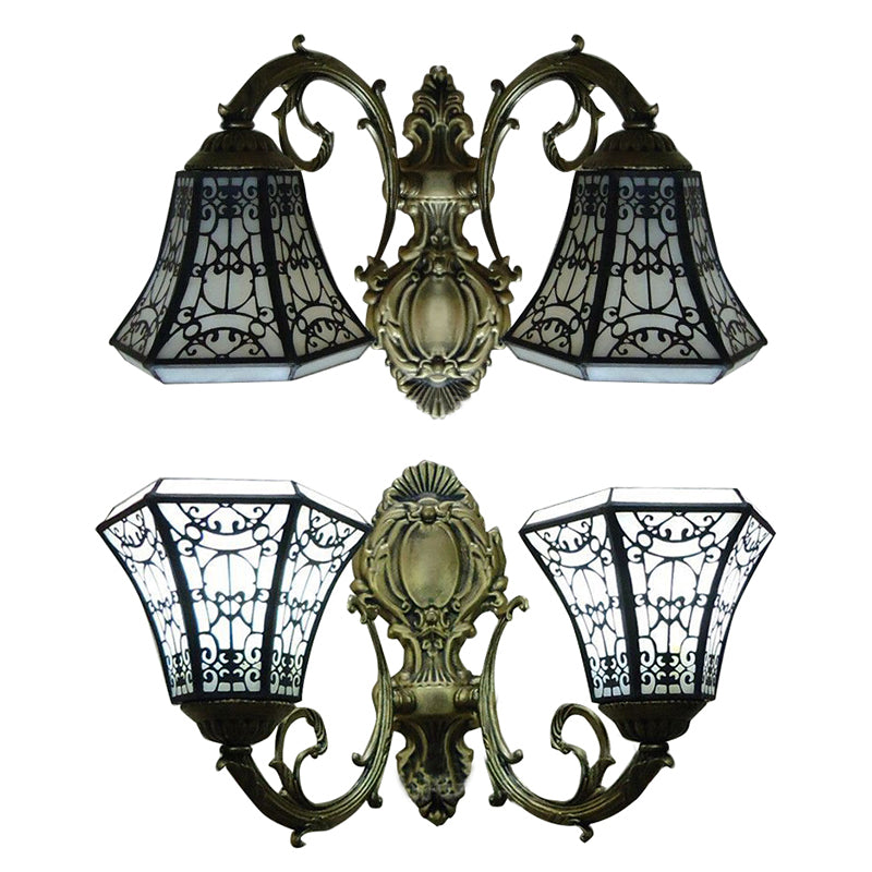 Lodge Bell Wall Sconce Light with Fence Design Stained Glass 2 Lights Wall Lighting with Curved Arm Clearhalo 'Industrial' 'Middle century wall lights' 'Tiffany wall lights' 'Tiffany' 'Wall Lamps & Sconces' 'Wall Lights' Lighting' 63951