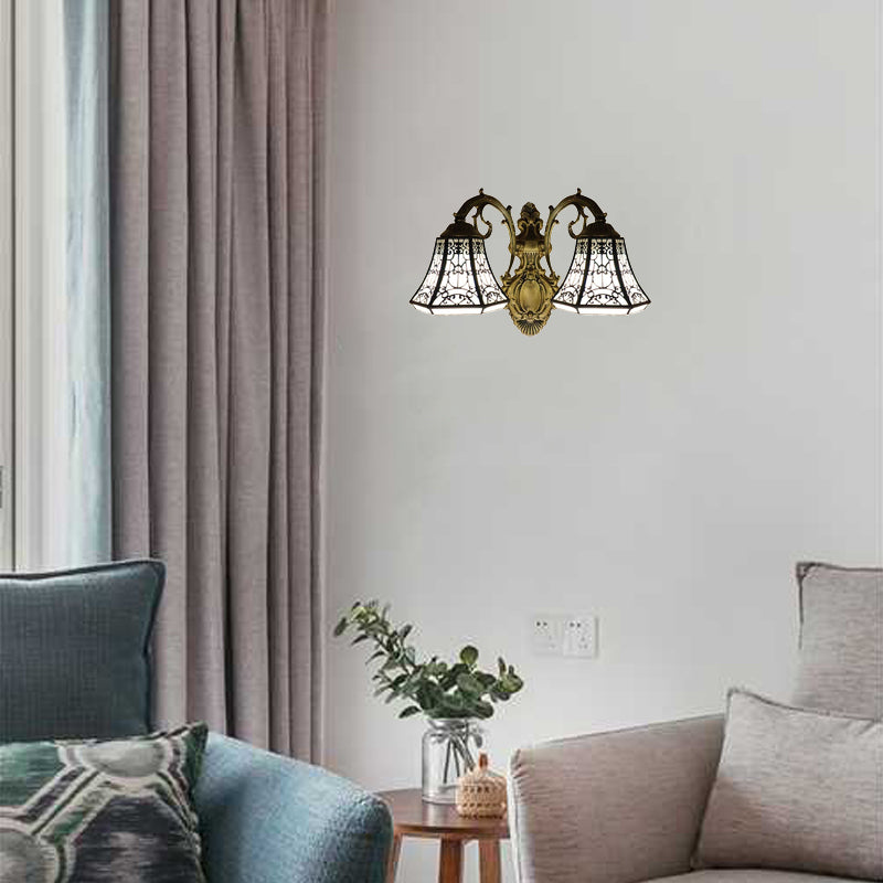 Lodge Bell Wall Sconce Light with Fence Design Stained Glass 2 Lights Wall Lighting with Curved Arm Brass Clearhalo 'Industrial' 'Middle century wall lights' 'Tiffany wall lights' 'Tiffany' 'Wall Lamps & Sconces' 'Wall Lights' Lighting' 63952