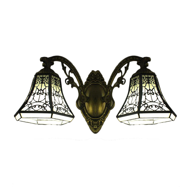Lodge Bell Wall Sconce Light with Fence Design Stained Glass 2 Lights Wall Lighting with Curved Arm Clearhalo 'Industrial' 'Middle century wall lights' 'Tiffany wall lights' 'Tiffany' 'Wall Lamps & Sconces' 'Wall Lights' Lighting' 63953
