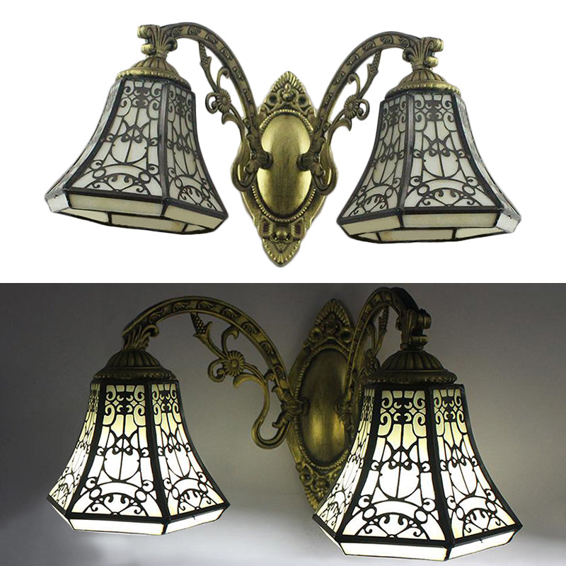 Lodge Bell Wall Sconce Light with Fence Design Stained Glass 2 Lights Wall Lighting with Curved Arm Clearhalo 'Industrial' 'Middle century wall lights' 'Tiffany wall lights' 'Tiffany' 'Wall Lamps & Sconces' 'Wall Lights' Lighting' 63954