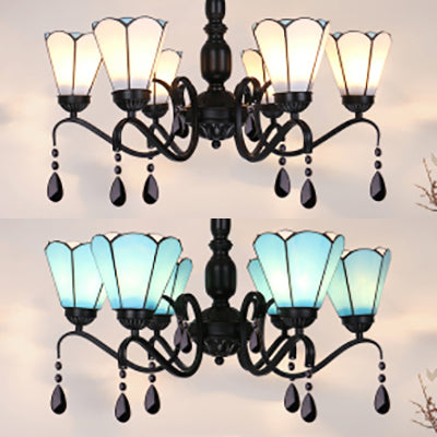 Conic Pendant Light Vintage Stained Glass 6 Lights Ceiling Light with Crystal for Bedroom Lighting Clearhalo 'Ceiling Lights' 'Chandeliers' 'Industrial' 'Middle Century Chandeliers' 'Pendant Lights' 'Tiffany Chandeliers' 'Tiffany close to ceiling' 'Tiffany' Lighting' 63956