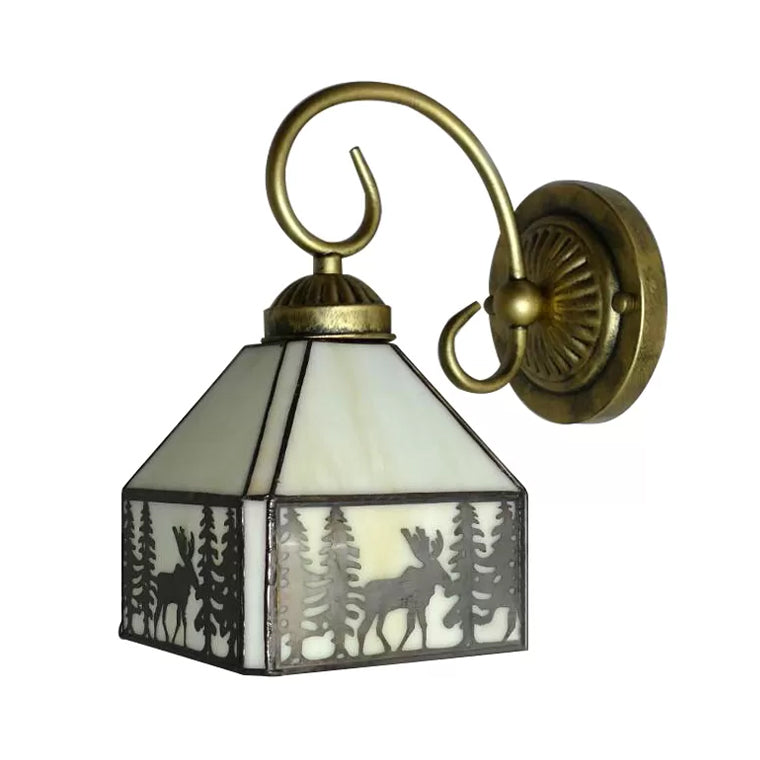 Lodge Stained Glass Wall Lighting with Curved Arm Single Light Mini Wall Mount Light Clearhalo 'Industrial' 'Middle century wall lights' 'Tiffany wall lights' 'Tiffany' 'Wall Lamps & Sconces' 'Wall Lights' Lighting' 6397