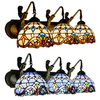 Tiffany Dome Wall Mount Light 3 Heads White-Brown/Blue Glass Sconce Light with Mermaid Backplate Clearhalo 'Industrial' 'Middle century wall lights' 'Tiffany wall lights' 'Tiffany' 'Wall Lamps & Sconces' 'Wall Lights' Lighting' 63989