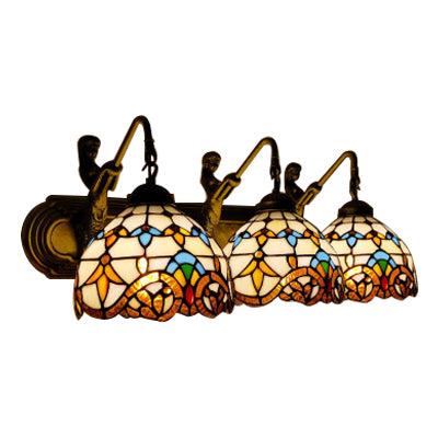 Tiffany Dome Wall Mount Light 3 Heads White-Brown/Blue Glass Sconce Light with Mermaid Backplate Clearhalo 'Industrial' 'Middle century wall lights' 'Tiffany wall lights' 'Tiffany' 'Wall Lamps & Sconces' 'Wall Lights' Lighting' 63990