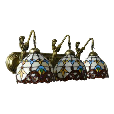 Tiffany Dome Wall Mount Light 3 Heads White-Brown/Blue Glass Sconce Light with Mermaid Backplate Clearhalo 'Industrial' 'Middle century wall lights' 'Tiffany wall lights' 'Tiffany' 'Wall Lamps & Sconces' 'Wall Lights' Lighting' 63991
