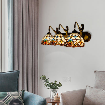 Tiffany Dome Wall Mount Light 3 Heads White-Brown/Blue Glass Sconce Light with Mermaid Backplate White-Brown Clearhalo 'Industrial' 'Middle century wall lights' 'Tiffany wall lights' 'Tiffany' 'Wall Lamps & Sconces' 'Wall Lights' Lighting' 63992