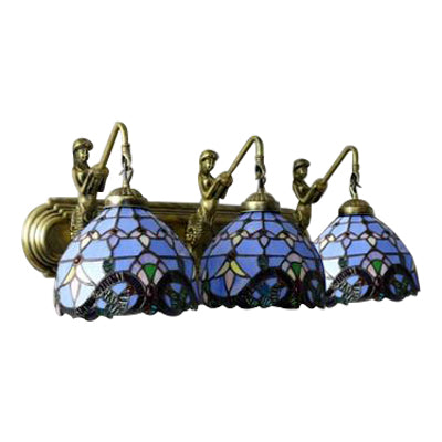 Tiffany Dome Wall Mount Light 3 Heads White-Brown/Blue Glass Sconce Light with Mermaid Backplate Clearhalo 'Industrial' 'Middle century wall lights' 'Tiffany wall lights' 'Tiffany' 'Wall Lamps & Sconces' 'Wall Lights' Lighting' 63994