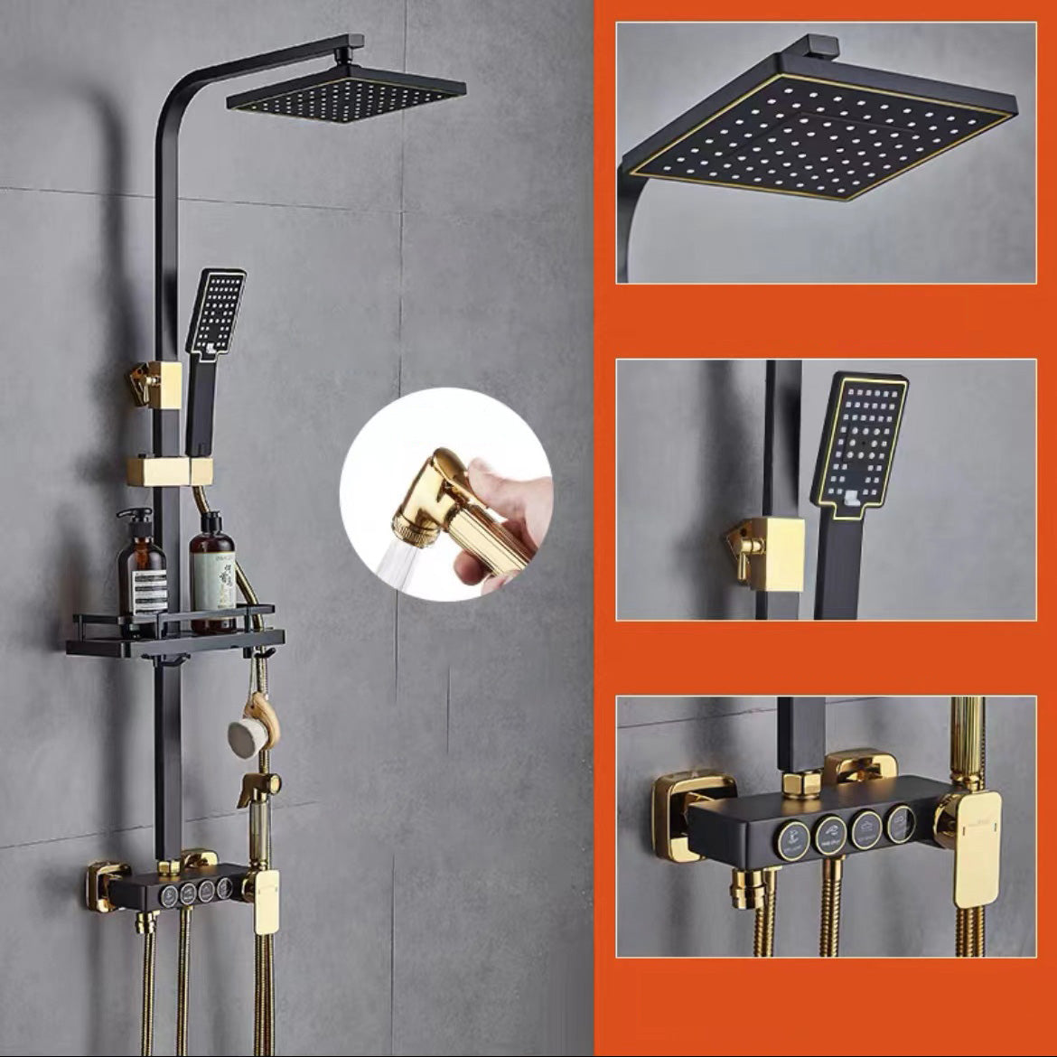 Wall Mounted Shower Arm Shower Faucet Pressure Balanced Diverter Valve Shower System Black-Gold 4 Temperature Control Clearhalo 'Bathroom Remodel & Bathroom Fixtures' 'Home Improvement' 'home_improvement' 'home_improvement_shower_faucets' 'Shower Faucets & Systems' 'shower_faucets' 'Showers & Bathtubs Plumbing' 'Showers & Bathtubs' 6399525