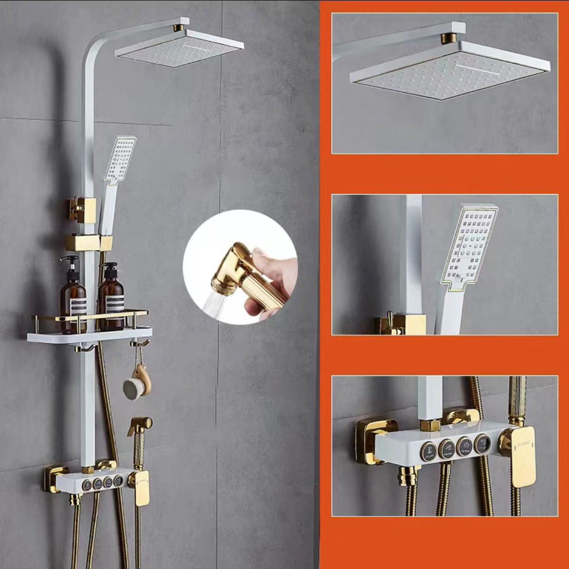 Wall Mounted Shower Arm Shower Faucet Pressure Balanced Diverter Valve Shower System White-Gold 4 Temperature Control Clearhalo 'Bathroom Remodel & Bathroom Fixtures' 'Home Improvement' 'home_improvement' 'home_improvement_shower_faucets' 'Shower Faucets & Systems' 'shower_faucets' 'Showers & Bathtubs Plumbing' 'Showers & Bathtubs' 6399527