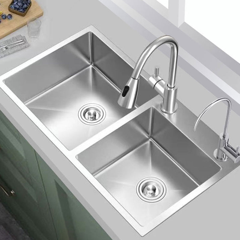 Contemporary Style Kitchen Sink Stainless Steel 2 Holes Drop-In Kitchen Double Sink Clearhalo 'Home Improvement' 'home_improvement' 'home_improvement_kitchen_sinks' 'Kitchen Remodel & Kitchen Fixtures' 'Kitchen Sinks & Faucet Components' 'Kitchen Sinks' 'kitchen_sinks' 6399581