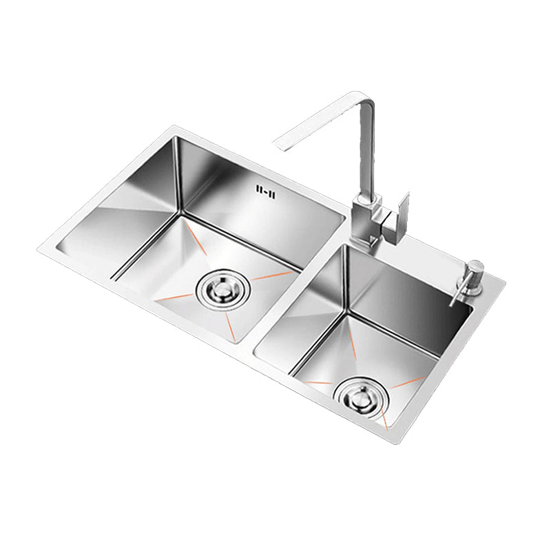 Contemporary Style Kitchen Sink Stainless Steel 2 Holes Drop-In Kitchen Double Sink Clearhalo 'Home Improvement' 'home_improvement' 'home_improvement_kitchen_sinks' 'Kitchen Remodel & Kitchen Fixtures' 'Kitchen Sinks & Faucet Components' 'Kitchen Sinks' 'kitchen_sinks' 6399589