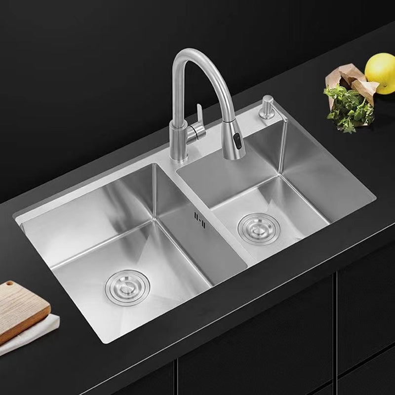 Contemporary Style Kitchen Sink Stainless Steel 2 Holes Drop-In Kitchen Double Sink Clearhalo 'Home Improvement' 'home_improvement' 'home_improvement_kitchen_sinks' 'Kitchen Remodel & Kitchen Fixtures' 'Kitchen Sinks & Faucet Components' 'Kitchen Sinks' 'kitchen_sinks' 6399598