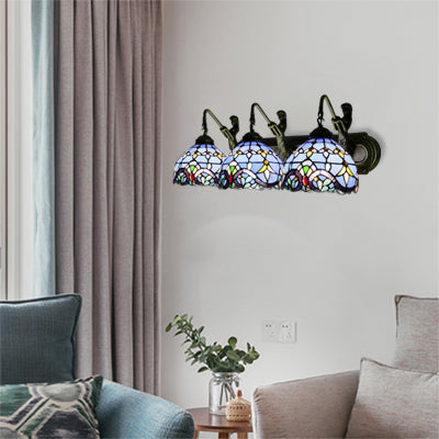 Tiffany Dome Wall Mount Light 3 Heads White-Brown/Blue Glass Sconce Light with Mermaid Backplate Blue Clearhalo 'Industrial' 'Middle century wall lights' 'Tiffany wall lights' 'Tiffany' 'Wall Lamps & Sconces' 'Wall Lights' Lighting' 63995