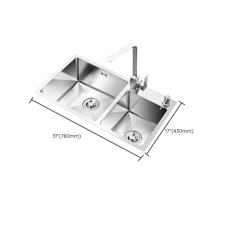 Contemporary Style Kitchen Sink Stainless Steel 2 Holes Drop-In Kitchen Double Sink Clearhalo 'Home Improvement' 'home_improvement' 'home_improvement_kitchen_sinks' 'Kitchen Remodel & Kitchen Fixtures' 'Kitchen Sinks & Faucet Components' 'Kitchen Sinks' 'kitchen_sinks' 6399610
