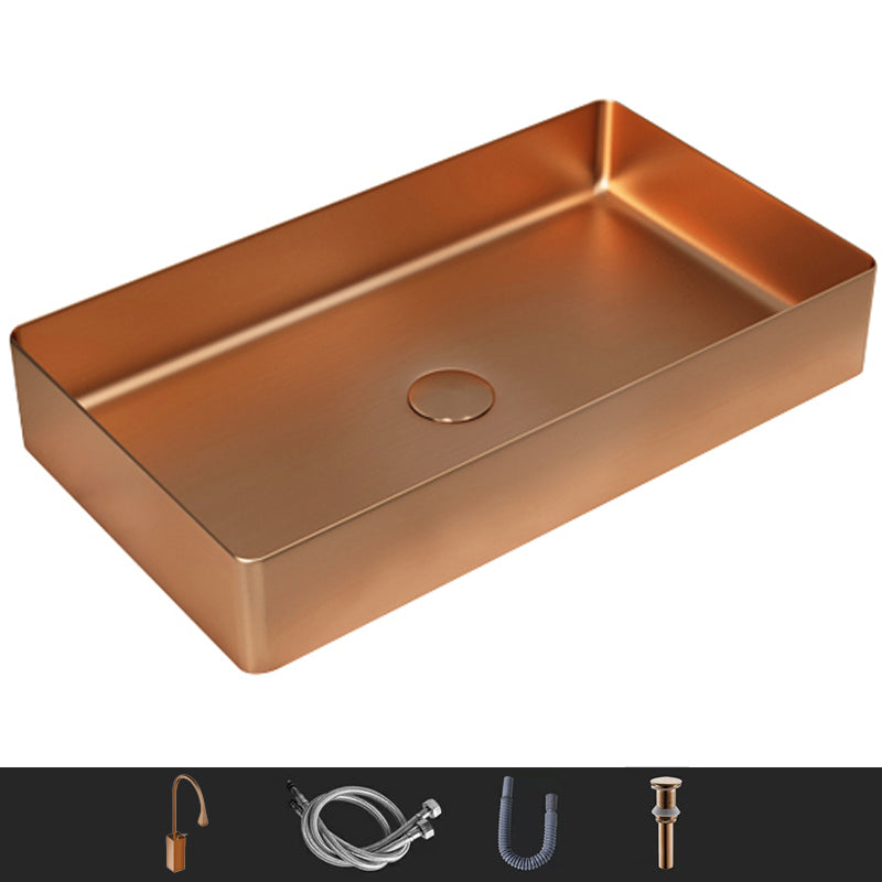 Modern Wash Stand Metal Rectangular with Drain Assembly and Faucet Vessel Bathroom Sink Rose Gold Gooseneck/High Arc Sink with Faucet Clearhalo 'Bathroom Remodel & Bathroom Fixtures' 'Bathroom Sinks & Faucet Components' 'Bathroom Sinks' 'bathroom_sink' 'Home Improvement' 'home_improvement' 'home_improvement_bathroom_sink' 6399817