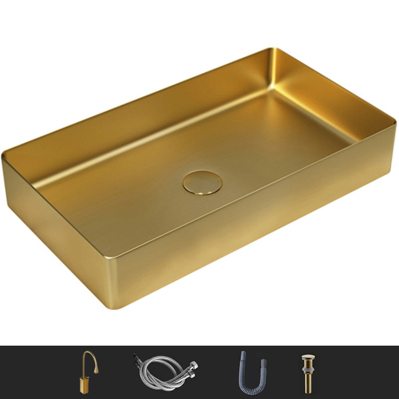 Modern Wash Stand Metal Rectangular with Drain Assembly and Faucet Vessel Bathroom Sink Gold Gooseneck High Arc Sink with Faucet Clearhalo 'Bathroom Remodel & Bathroom Fixtures' 'Bathroom Sinks & Faucet Components' 'Bathroom Sinks' 'bathroom_sink' 'Home Improvement' 'home_improvement' 'home_improvement_bathroom_sink' 6399821