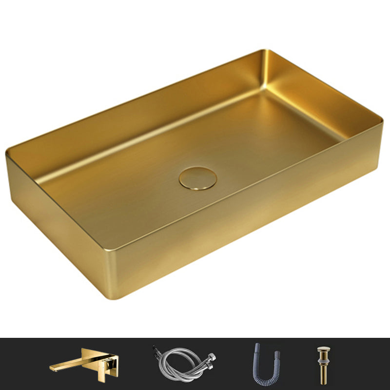 Modern Wash Stand Metal Rectangular with Drain Assembly and Faucet Vessel Bathroom Sink Gold Square Faucet Sink with Faucet Clearhalo 'Bathroom Remodel & Bathroom Fixtures' 'Bathroom Sinks & Faucet Components' 'Bathroom Sinks' 'bathroom_sink' 'Home Improvement' 'home_improvement' 'home_improvement_bathroom_sink' 6399830