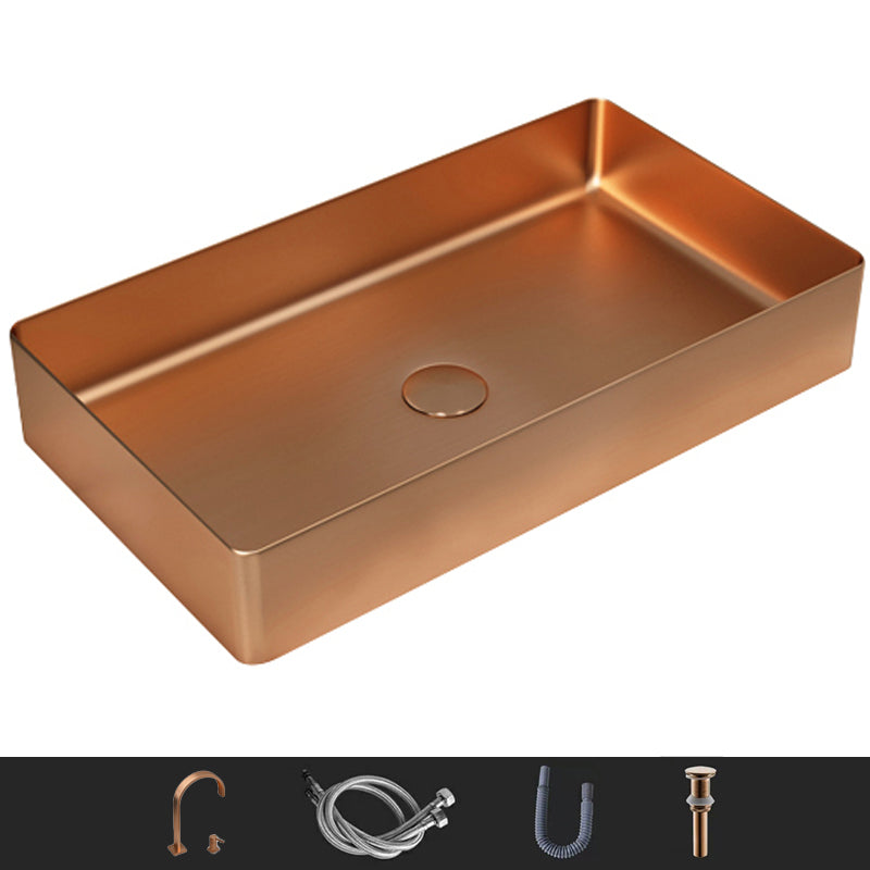 Modern Wash Stand Metal Rectangular with Drain Assembly and Faucet Vessel Bathroom Sink Rose Gold Low Profile Sink with Faucet Clearhalo 'Bathroom Remodel & Bathroom Fixtures' 'Bathroom Sinks & Faucet Components' 'Bathroom Sinks' 'bathroom_sink' 'Home Improvement' 'home_improvement' 'home_improvement_bathroom_sink' 6399841
