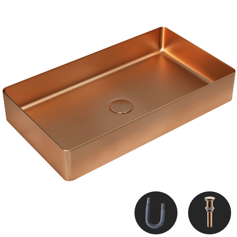 Modern Wash Stand Metal Rectangular with Drain Assembly and Faucet Vessel Bathroom Sink Rose Gold None Sink Clearhalo 'Bathroom Remodel & Bathroom Fixtures' 'Bathroom Sinks & Faucet Components' 'Bathroom Sinks' 'bathroom_sink' 'Home Improvement' 'home_improvement' 'home_improvement_bathroom_sink' 6399845