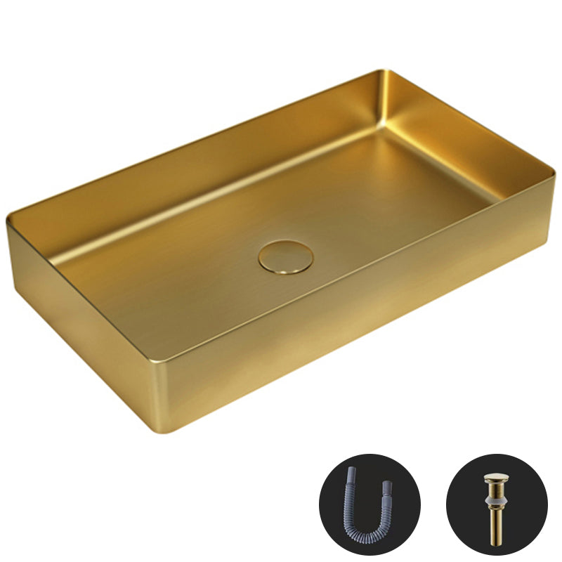Modern Wash Stand Metal Rectangular with Drain Assembly and Faucet Vessel Bathroom Sink Gold None Sink Clearhalo 'Bathroom Remodel & Bathroom Fixtures' 'Bathroom Sinks & Faucet Components' 'Bathroom Sinks' 'bathroom_sink' 'Home Improvement' 'home_improvement' 'home_improvement_bathroom_sink' 6399846
