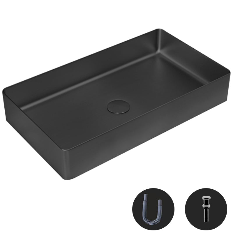 Modern Wash Stand Metal Rectangular with Drain Assembly and Faucet Vessel Bathroom Sink Black None Sink Clearhalo 'Bathroom Remodel & Bathroom Fixtures' 'Bathroom Sinks & Faucet Components' 'Bathroom Sinks' 'bathroom_sink' 'Home Improvement' 'home_improvement' 'home_improvement_bathroom_sink' 6399847
