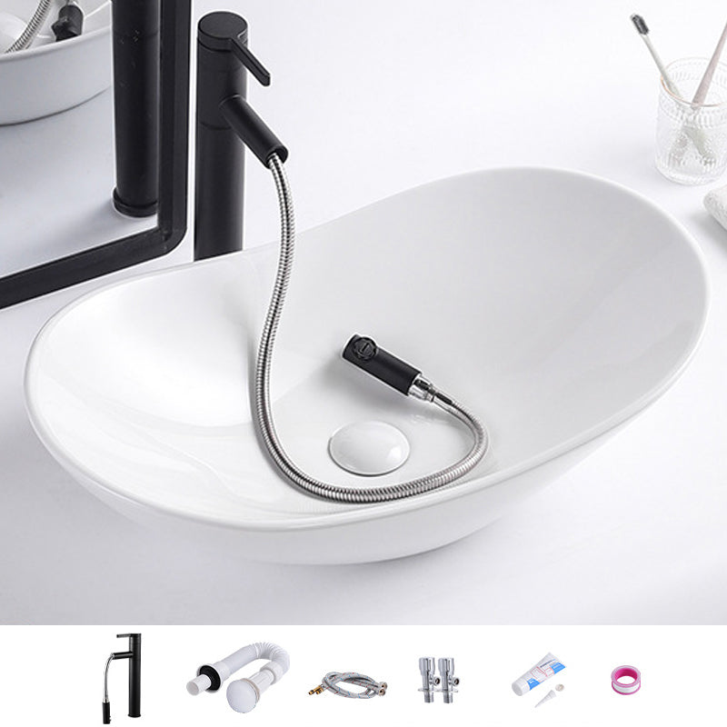 Modern Bathroom Sink Oval Bathroom Sink Overflow with Basin and Faucet White Pull Out Faucet Clearhalo 'Bathroom Remodel & Bathroom Fixtures' 'Bathroom Sinks & Faucet Components' 'Bathroom Sinks' 'bathroom_sink' 'Home Improvement' 'home_improvement' 'home_improvement_bathroom_sink' 6399865