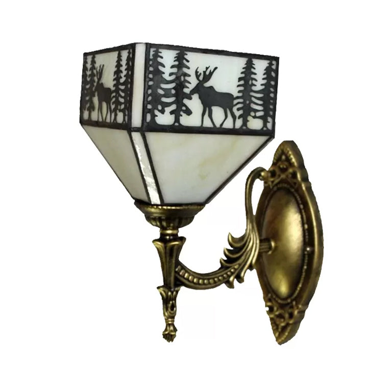 Lodge Stained Glass Wall Lighting with Curved Arm Single Light Mini Wall Mount Light Clearhalo 'Industrial' 'Middle century wall lights' 'Tiffany wall lights' 'Tiffany' 'Wall Lamps & Sconces' 'Wall Lights' Lighting' 6400