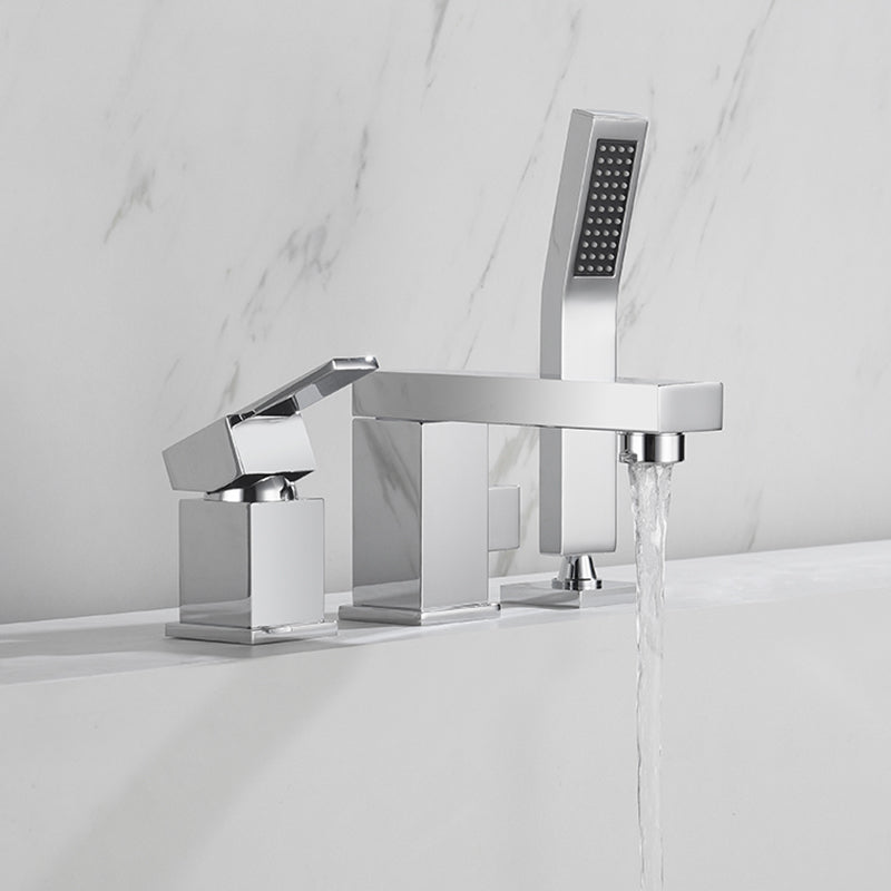 Deck Mounted Metal Freestanding Tub Filler Single Handle Freestanding Faucet Chrome Hand Shower Included Clearhalo 'Bathroom Remodel & Bathroom Fixtures' 'Bathtub Faucets' 'bathtub_faucets' 'Home Improvement' 'home_improvement' 'home_improvement_bathtub_faucets' 6400171