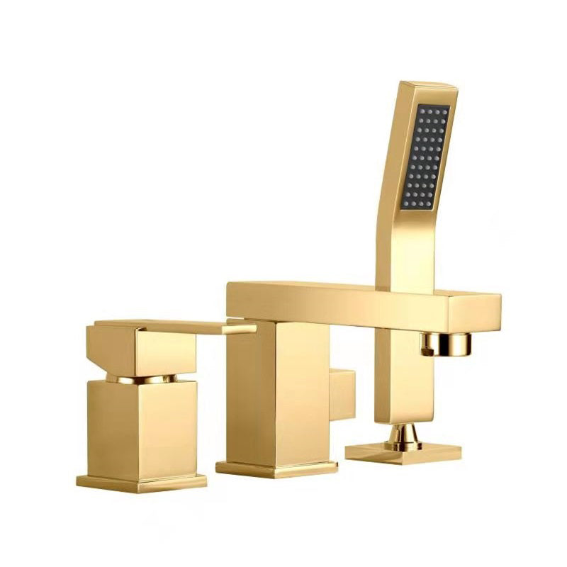 Deck Mounted Metal Freestanding Tub Filler Single Handle Freestanding Faucet Gold Hand Shower Included Clearhalo 'Bathroom Remodel & Bathroom Fixtures' 'Bathtub Faucets' 'bathtub_faucets' 'Home Improvement' 'home_improvement' 'home_improvement_bathtub_faucets' 6400173