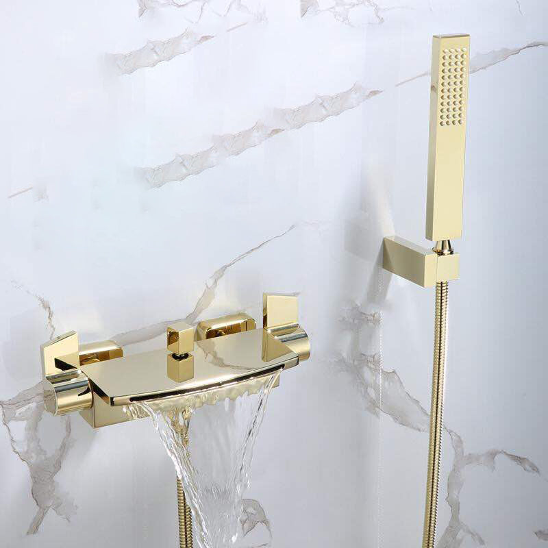 Modern Wall Mounted Metal Tub Filler Single Handle Tub Faucet Trim Gold Hand Shower Included Clearhalo 'Bathroom Remodel & Bathroom Fixtures' 'Bathtub Faucets' 'bathtub_faucets' 'Home Improvement' 'home_improvement' 'home_improvement_bathtub_faucets' 6400190