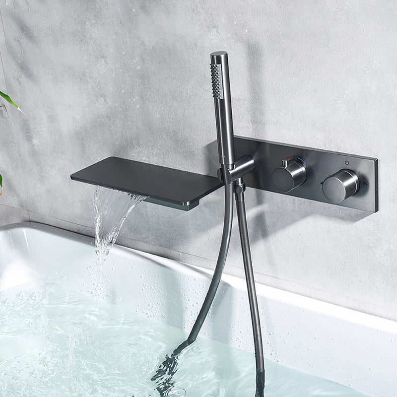 Wall Mounted Metal Tub Filler Double Handles Waterfall Tub Faucet Trim Clearhalo 'Bathroom Remodel & Bathroom Fixtures' 'Bathtub Faucets' 'bathtub_faucets' 'Home Improvement' 'home_improvement' 'home_improvement_bathtub_faucets' 6400208