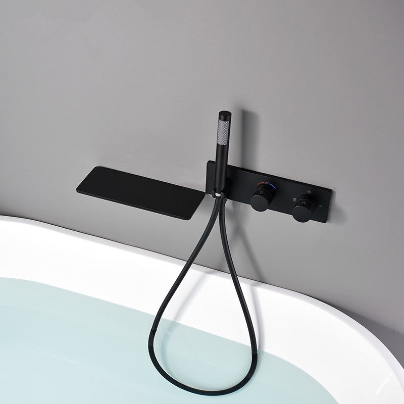 Wall Mounted Metal Tub Filler Double Handles Waterfall Tub Faucet Trim Black Clearhalo 'Bathroom Remodel & Bathroom Fixtures' 'Bathtub Faucets' 'bathtub_faucets' 'Home Improvement' 'home_improvement' 'home_improvement_bathtub_faucets' 6400210