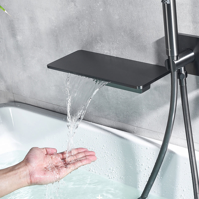 Wall Mounted Metal Tub Filler Double Handles Waterfall Tub Faucet Trim Clearhalo 'Bathroom Remodel & Bathroom Fixtures' 'Bathtub Faucets' 'bathtub_faucets' 'Home Improvement' 'home_improvement' 'home_improvement_bathtub_faucets' 6400211