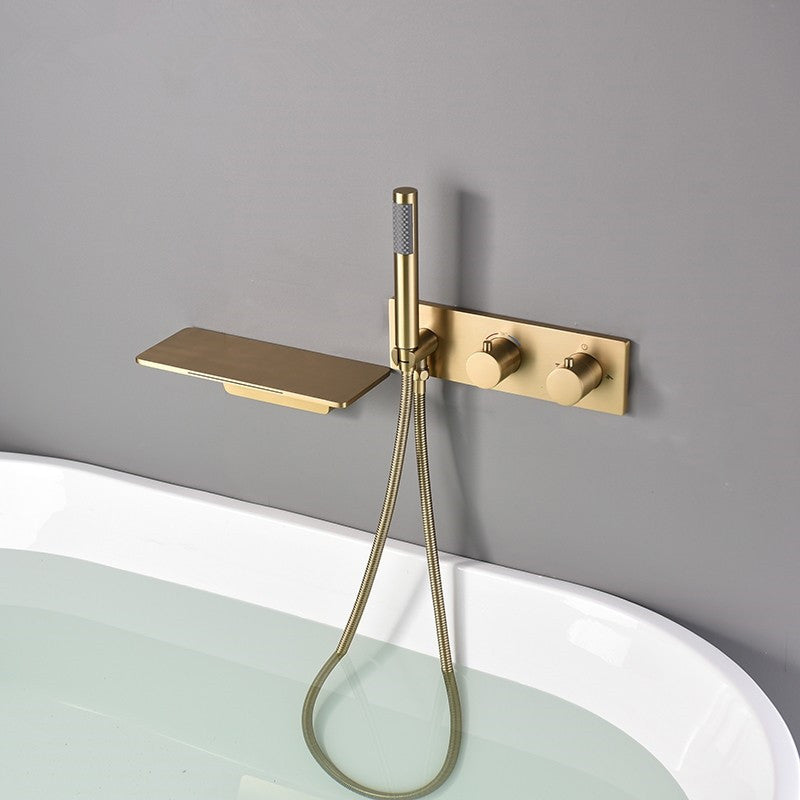 Wall Mounted Metal Tub Filler Double Handles Waterfall Tub Faucet Trim Gold Clearhalo 'Bathroom Remodel & Bathroom Fixtures' 'Bathtub Faucets' 'bathtub_faucets' 'Home Improvement' 'home_improvement' 'home_improvement_bathtub_faucets' 6400212
