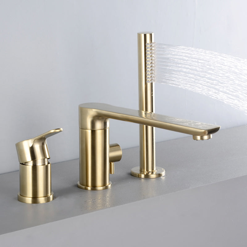 Modern Deck Mounted Metal Tub Filler Metal Tub Filler with Hose Gold 3 Hole Faucets Clearhalo 'Bathroom Remodel & Bathroom Fixtures' 'Bathtub Faucets' 'bathtub_faucets' 'Home Improvement' 'home_improvement' 'home_improvement_bathtub_faucets' 6400237