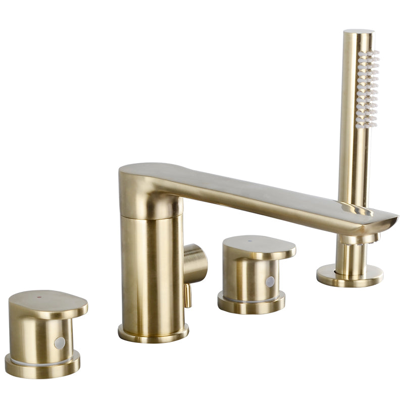Modern Deck Mounted Metal Tub Filler Metal Tub Filler with Hose Gold 4 Hole Faucets Clearhalo 'Bathroom Remodel & Bathroom Fixtures' 'Bathtub Faucets' 'bathtub_faucets' 'Home Improvement' 'home_improvement' 'home_improvement_bathtub_faucets' 6400239