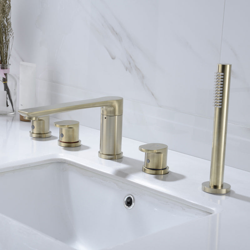 Modern Deck Mounted Metal Tub Filler Metal Tub Filler with Hose Gold 5 Hole Faucets Clearhalo 'Bathroom Remodel & Bathroom Fixtures' 'Bathtub Faucets' 'bathtub_faucets' 'Home Improvement' 'home_improvement' 'home_improvement_bathtub_faucets' 6400241