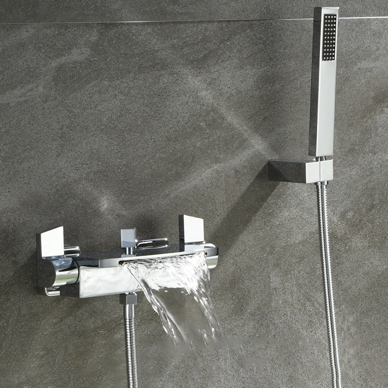 Modern Wall Mounted Metal Tub Filler Double Handles Waterfall Tub Faucet Trim Chrome Clearhalo 'Bathroom Remodel & Bathroom Fixtures' 'Bathtub Faucets' 'bathtub_faucets' 'Home Improvement' 'home_improvement' 'home_improvement_bathtub_faucets' 6400259