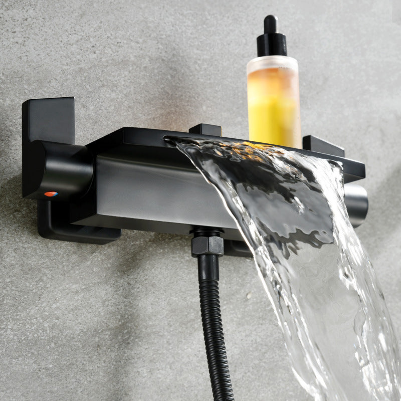 Modern Wall Mounted Metal Tub Filler Double Handles Waterfall Tub Faucet Trim Clearhalo 'Bathroom Remodel & Bathroom Fixtures' 'Bathtub Faucets' 'bathtub_faucets' 'Home Improvement' 'home_improvement' 'home_improvement_bathtub_faucets' 6400260