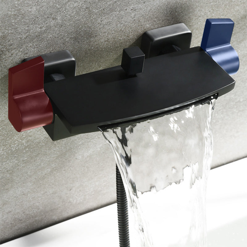 Modern Wall Mounted Metal Tub Filler Double Handles Waterfall Tub Faucet Trim Clearhalo 'Bathroom Remodel & Bathroom Fixtures' 'Bathtub Faucets' 'bathtub_faucets' 'Home Improvement' 'home_improvement' 'home_improvement_bathtub_faucets' 6400267