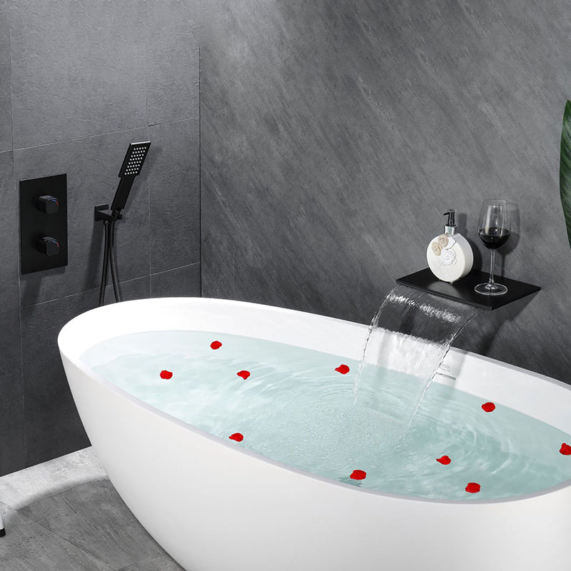 Modern Wall Mounted Metal Tub Filler Low Arc Waterfall Tub Faucet Trim Black Clearhalo 'Bathroom Remodel & Bathroom Fixtures' 'Bathtub Faucets' 'bathtub_faucets' 'Home Improvement' 'home_improvement' 'home_improvement_bathtub_faucets' 6400276