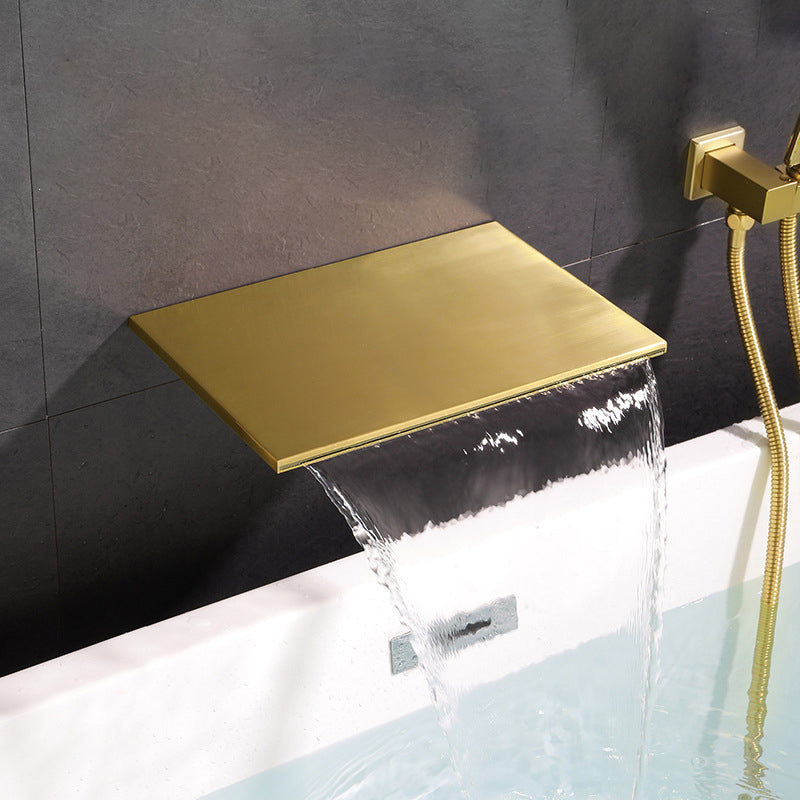 Modern Wall Mounted Metal Tub Filler Low Arc Waterfall Tub Faucet Trim Clearhalo 'Bathroom Remodel & Bathroom Fixtures' 'Bathtub Faucets' 'bathtub_faucets' 'Home Improvement' 'home_improvement' 'home_improvement_bathtub_faucets' 6400278