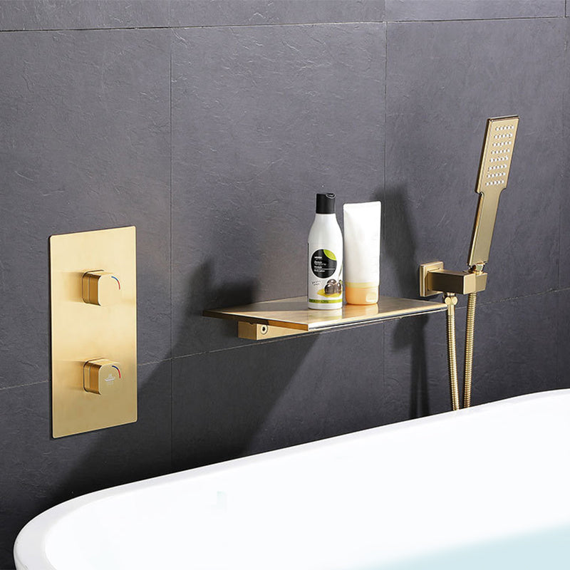 Modern Wall Mounted Metal Tub Filler Low Arc Waterfall Tub Faucet Trim Clearhalo 'Bathroom Remodel & Bathroom Fixtures' 'Bathtub Faucets' 'bathtub_faucets' 'Home Improvement' 'home_improvement' 'home_improvement_bathtub_faucets' 6400288