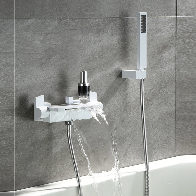Wall Mounted Metal Tub Filler Low Arc Waterfall Double Handles Tub Faucet Trim Clearhalo 'Bathroom Remodel & Bathroom Fixtures' 'Bathtub Faucets' 'bathtub_faucets' 'Home Improvement' 'home_improvement' 'home_improvement_bathtub_faucets' 6400290