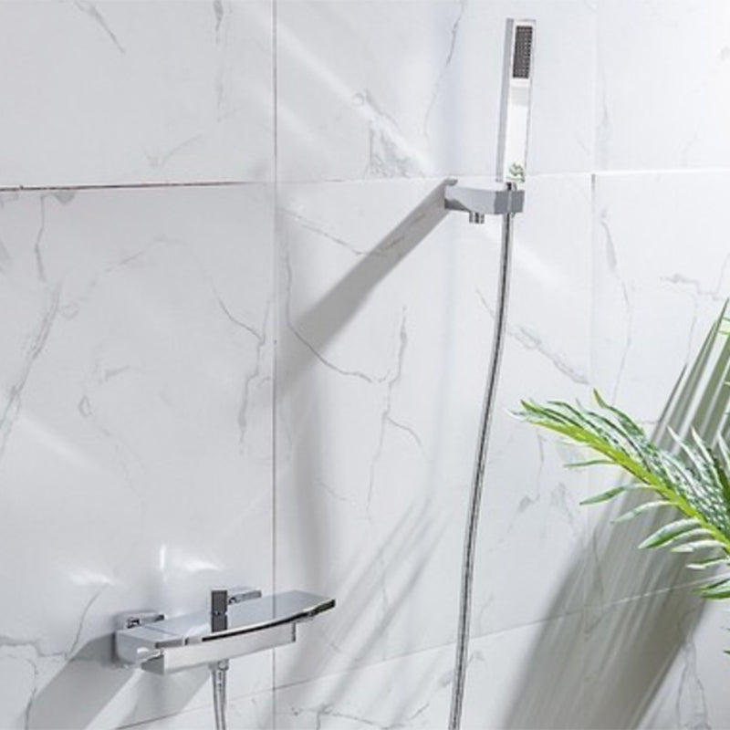 Wall Mounted Metal Tub Filler Low Arc Waterfall Double Handles Tub Faucet Trim Silver Hand Shower Included Clearhalo 'Bathroom Remodel & Bathroom Fixtures' 'Bathtub Faucets' 'bathtub_faucets' 'Home Improvement' 'home_improvement' 'home_improvement_bathtub_faucets' 6400291